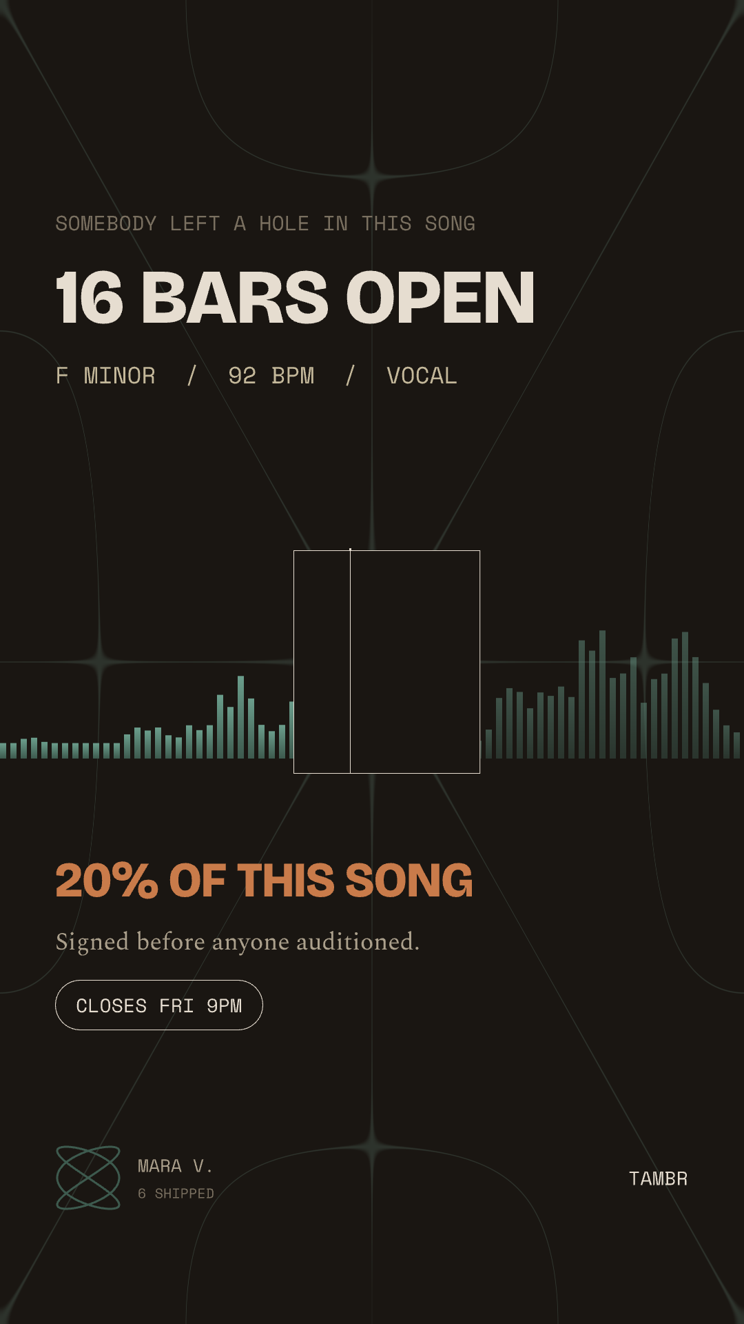Tambr Hole Card: 16 bars open, F minor, 20% of this song